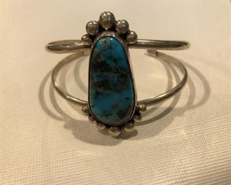 Circa. 1970’s Southwest Native American Sterling Silver and Turquoise Cuff Bracelet 