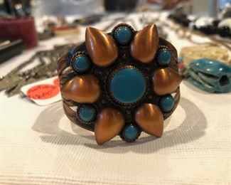 Solid Copper Cuff Bracelet Red and Blue Stone 