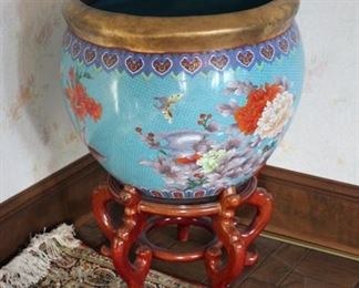 Large cloisonne planter on stand