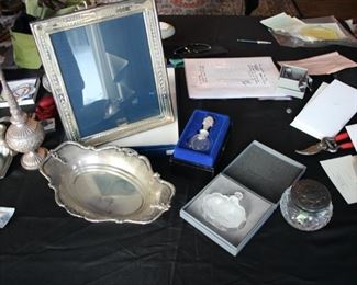 Silver frame, 800 silver bowl & Lalique perfume