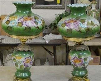3983 - 2 Green+White Hurricane Lamps
