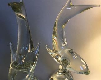 Pair of Large Murano Style Art Glass Fish Sculptures, Dolphins , Whales , Sharks 