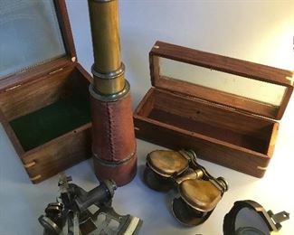 R & J Becker Ltd London Folding Opera/Racing Binoculars, Kelvin & Hughes Sextant, Leather Wrapped Brass Telescope and Compass 