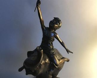 Cast Metal Whimsical Statue of Boy with Umbrella Riding an Elephant, Signed 