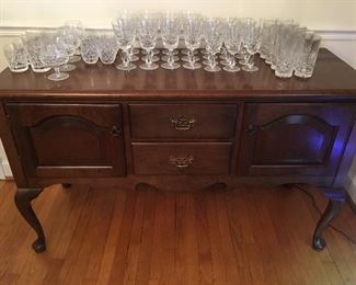 Traditional Solid Cherry Queen Anne Buffet Sideboard and Selection of Waterford Crystal Glassware 