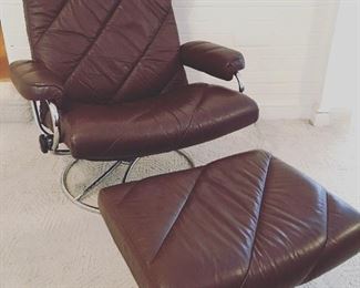 Vintage Mid Century Modern Ekornes Stressless Chrome and Brown Leather Lounge Chair and Ottoman