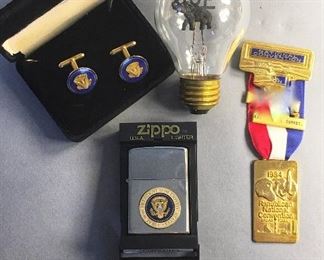 Political Memorabilia, Rare GOP Light Bulb, Zippo (never used) Seal of The President of The United States Lighter, 1984 GOP National Convention Medal, Presidential Seal Cufflinks 