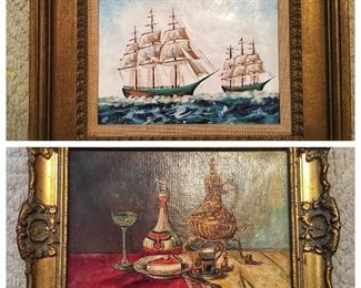 Betty Chou Enamel on Copper Seascape Painting and Piet Van Beek Oil on Canvas Still Life Painting 