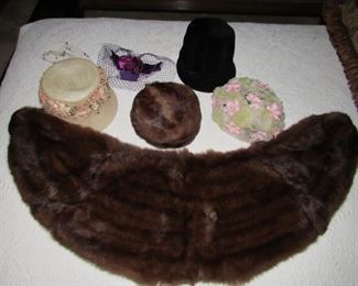 Mink rap & hat & other vintage hats