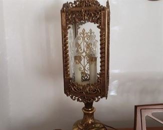 Gothic church sanctuary style Solid brass & glass filigree 3 light table lamp 23"H x 5.25" x 5.25" 