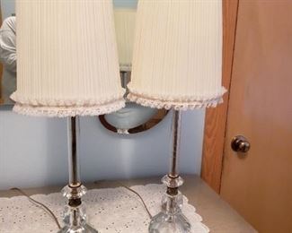Vintage Pair Crystal Dresser Lamps with Ruffled Pleated Shades 23.25"H with shade $150