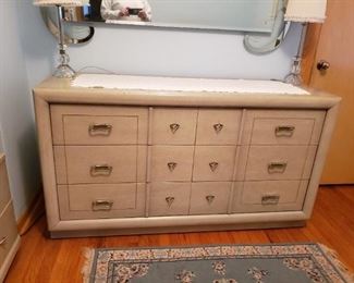 MCM Mid Century Huntley White Washed 3 pc Bedroom Set: Dresser, 2 Tiered Chest of drawers & Full size Head & footboard with side rails (EUC) Dresser 58"W x 19"D x 32.5"H Chest: 38"W x 18"D x 45.5"H Headboard 57"W x 35"H $1495 set