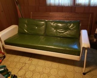 Awesome Vintage MCM Mid Century Army Green Leather/Naugahyde Seat & back White Metal Glider EUC (never outdoors) 75"W x 34"D x 28"H 