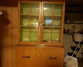 Vintage Solid Wood China Cabinet, Table with built-in Leaf & custom pads & 4 side chairs China Cabinet: 34"W x 16"D x 67"H Table with leaf 59.5"W x 32"D x 30.5"H (leaf is 12"W) Chairs seat 18"W x 16"D floor to seat is 18"H $995 for set