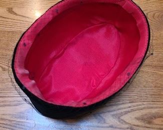 Interior of vintage velvet black pill box hat