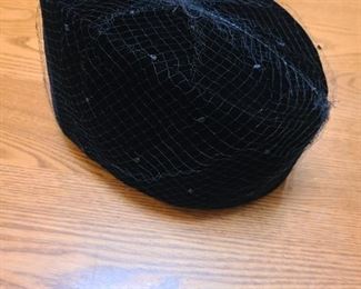Another view of vintage pill box velvet hat with netting