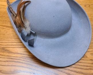 Doeskin brand gray suede with side feather hat - 100% wool felt