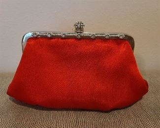 Red satin rhinestone clasp evening bag w/attachable strap