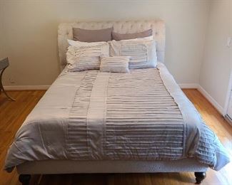 Queen bed with cushioned head board
Bedding for sale also