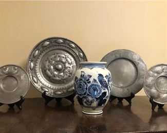 Group of Pewter Plates & Delft Vase