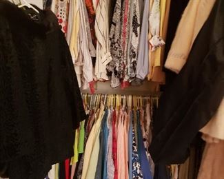 Clothing size large. Vintage silk blouses, cotton blouses, furs, blazers, size 8 shoes, scarves, leather belt and handbags.