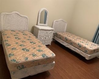 #23 2 twin wicker head board with matteress sets and frame $100 ea $200.00
#24 wicker dresser with detached mirror and 3 well sliding wood doors 32x19x32 mirror 20x29 $125.00