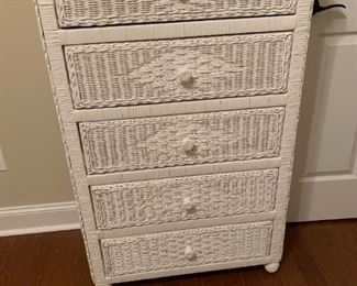 #25 wicker chest of drawers with 5 wood drawers that slide well 28x16x47 $125.00