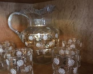 Enamel on glass Pitcher and glasses..could be Indiana Glass or Fenton