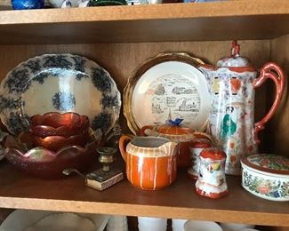 Great Carnival Glass, Blue and Shite Plater. Asian tea pot and s/p.