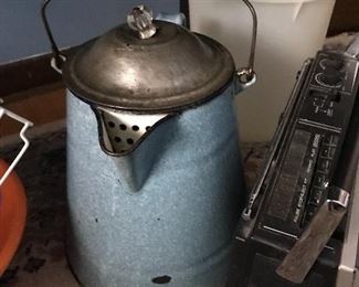 Primitive Blue Granite ware Coffee Pot