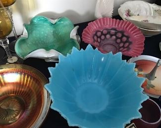 Wonderful Murano Green and white ARt Glass. BEautiful Turq Art Glass Bowl, Nice Carnival Glass Bowl