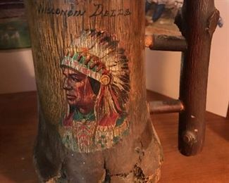 Wisconsin Dells Menominee Indian Chief painted on wood mug.