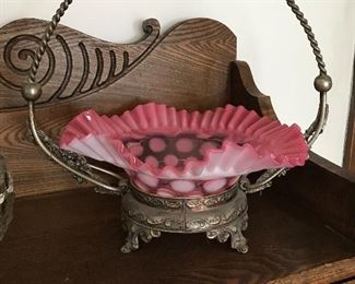 Fenton cranberry spot glass brides basket.
