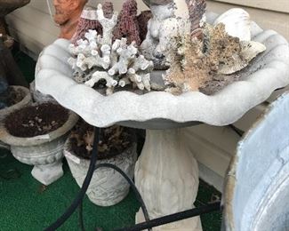 Great bird bath, squirrel and shells