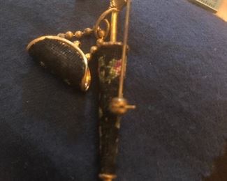 vintage needlepoint style -umbrella and purse pin $20 very nice shape for age 
