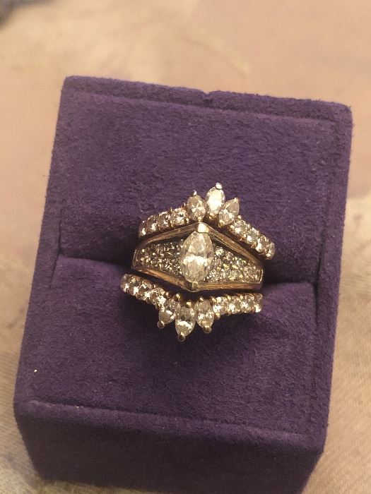 statement real 14k wedding set-all 3 rings are together -center marquis is approx . 60 pts- not sure on rest of stones- but  they are all real - happy to take this to your reputable jewelry store to  have it looked at  - great price $1399  approx  size 6-6.25