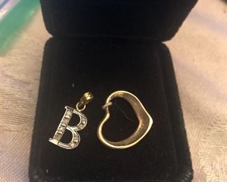 14k yellow gold initial B w/ diamonds $59,SOLD B  14 k yellow gold open heart pendant or charm $69still have heart 