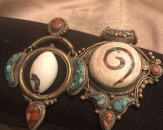 tibet  coral turquoise pendants   on brass bases $25 each  fairly large and heavy -could use a polish :))