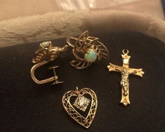 all gold  estate items  opal screw back earrings $155, cross,  heart w/ diamond SOLD HEART  prices to come text me w/ pics if you want prices on these  have lots  to do so lets work together if we can 
