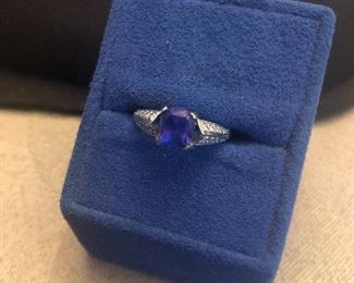 front view of 18 k white gold diamond and tanzanite ring  $350