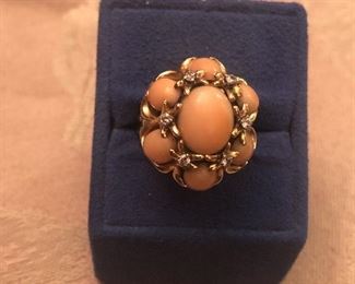 not for a shy gal  -its huge and heavy retro signed  Lj* 14k yellow gold - either pink opal or coral w/ diamonds -almost 17 gr    one of a kind i believe $950