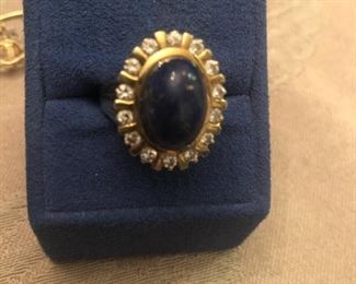 well known desinger signed R. Stone-heavy 18k yellow gold estate  lapis and diamond ring  13.51 gr  lots of diamonds and you don't need a magnifying glass to see them  -huge ring $1500 