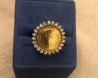 18k  w/ diamonds and gold coin ring  heavy and nice diamonds $895