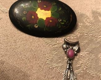 russian painted pin=signed - small sterling pendant 