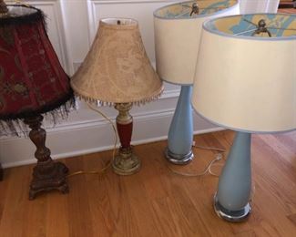 lamps - blue are Laura Ashley - shades reflect bitds from interior when on