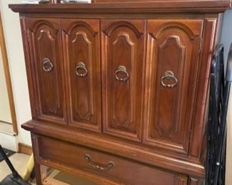 DIXIE BEDROOM SET. QUEEN HEADBOARD, DRESSER, CHEST AND TWO NIGHT STANDS
