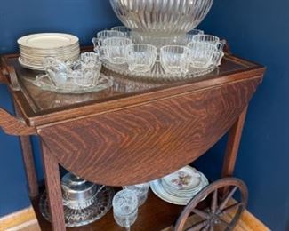 ROLLING TEA CART WITH PUNCH BOWL AND OTHER SERVICE ACCESSORIES
