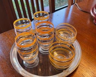VINTAGE GLASSWARE AND VINTAGE FORMICA AND PEWTER TRAY