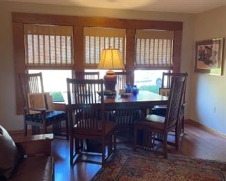 OMISH MADE MISSION OAK TABLE AND 6 CHAIRS, MATCHING HUTCH IN KITCHEN