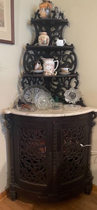 ANTIQUE MARBLE TOPPED CORNER CABINET/SHELF